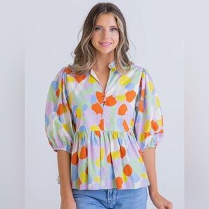 NWT Karlie Multi Color Mosaic Poplin Puff Sleeve Top